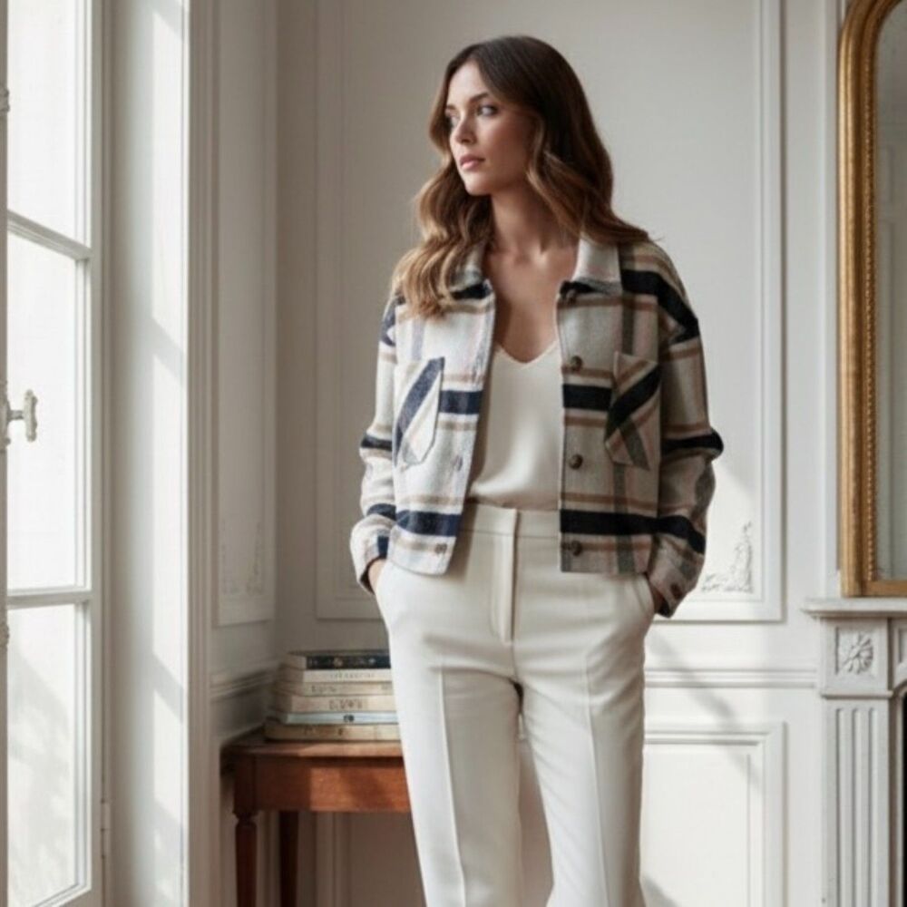 Quarry Plaid Winter Wool Blend Jacket Cropped Pink Tan Black Cream